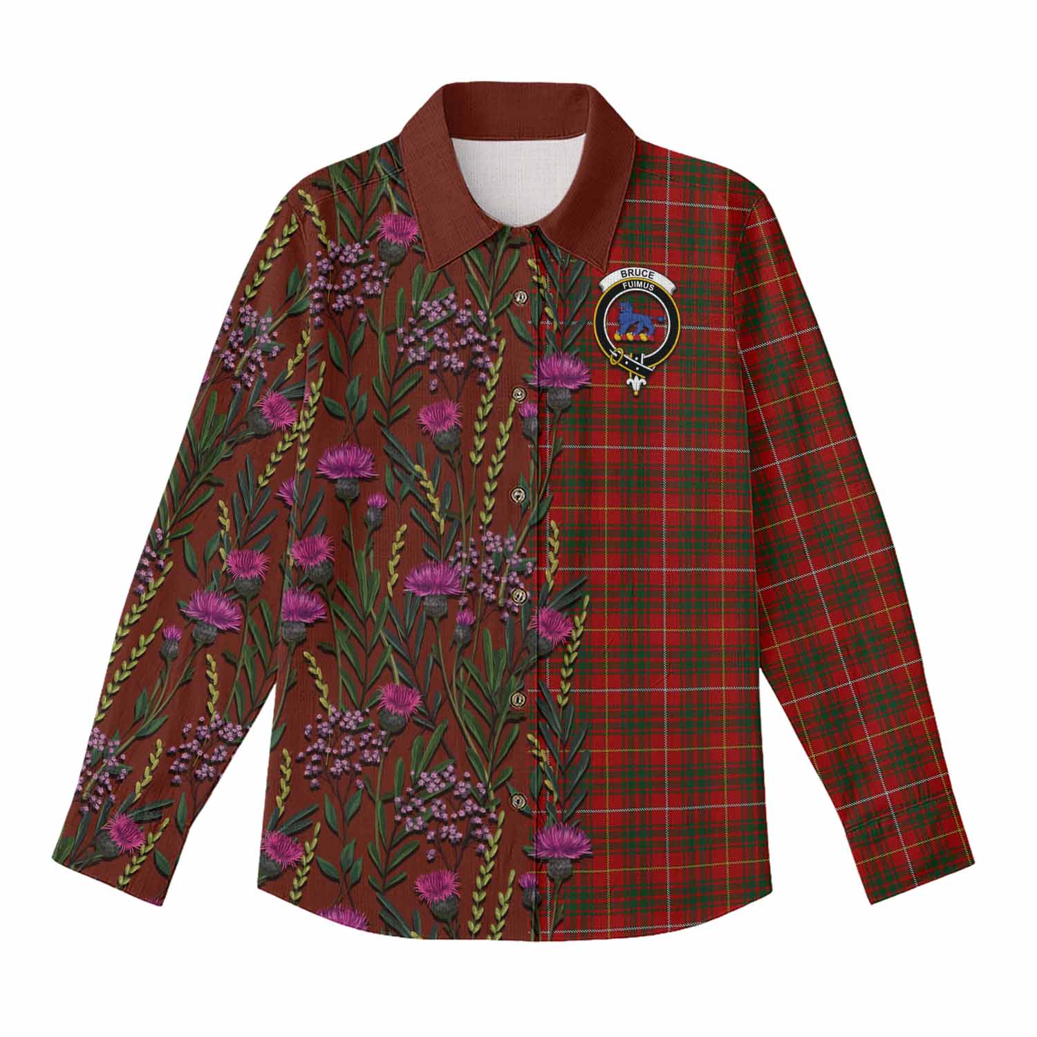 Bruce Family Crest Tartan Women Casual Shirt Scottish Thistle Flower Pattern Half Style - Tartan Vibes Clothing