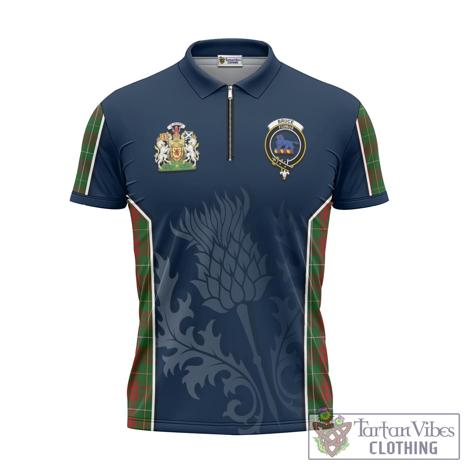 Tartan Vibes Clothing Bruce Hunting Tartan Zipper Polo Shirt with Family Crest and Scottish Thistle Vibes Sport Style