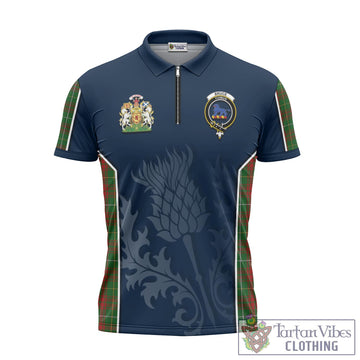 Bruce Hunting Tartan Zipper Polo Shirt with Family Crest and Scottish Thistle Vibes Sport Style