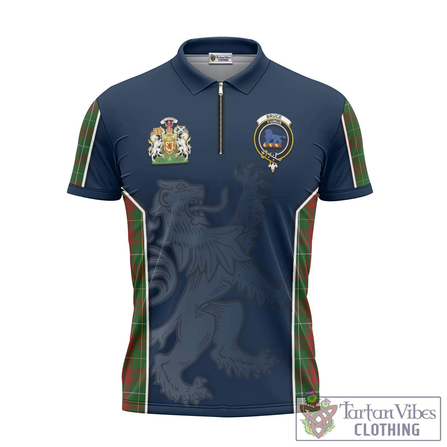 Tartan Vibes Clothing Bruce Hunting Tartan Zipper Polo Shirt with Family Crest and Lion Rampant Vibes Sport Style