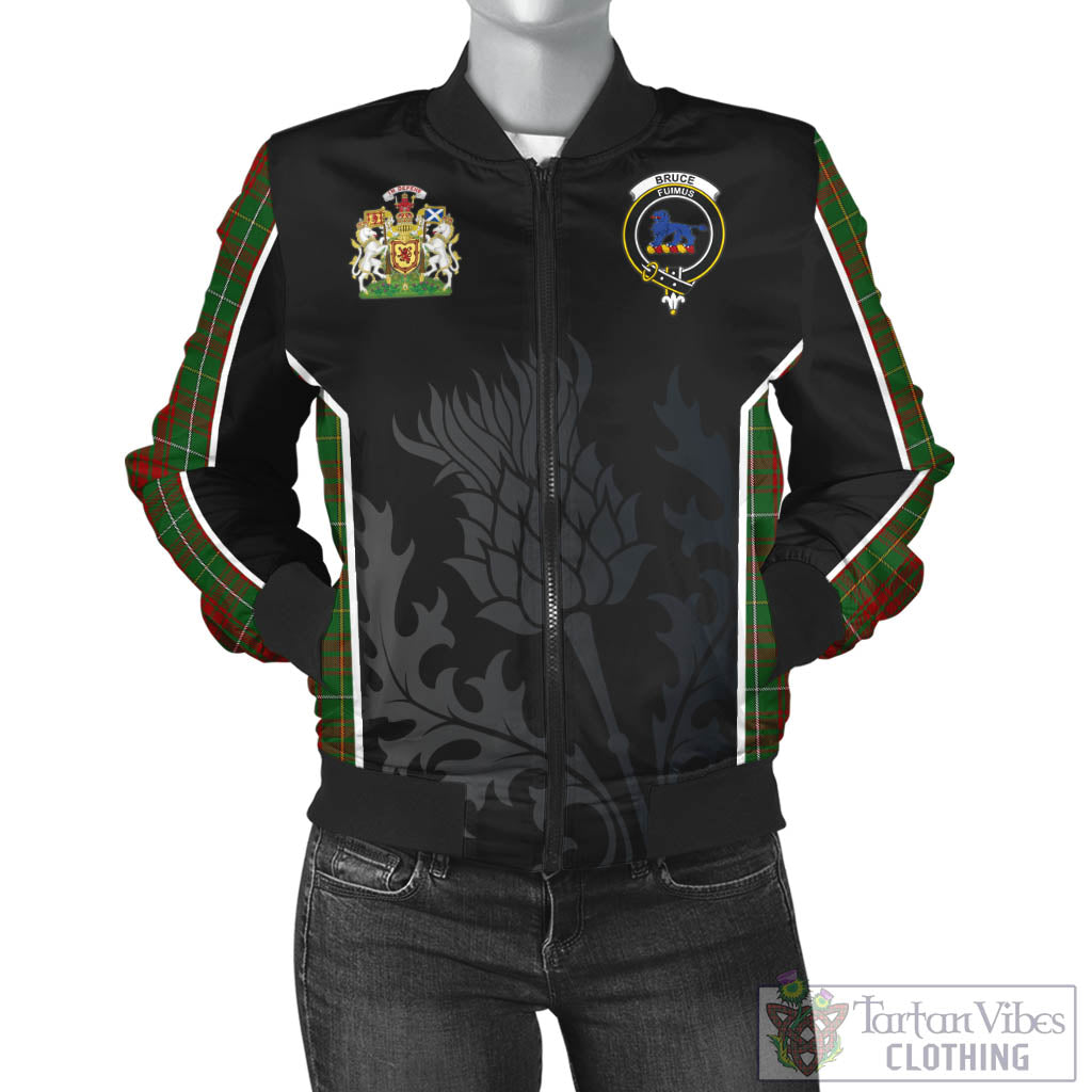 Tartan Vibes Clothing Bruce Hunting Tartan Bomber Jacket with Family Crest and Scottish Thistle Vibes Sport Style