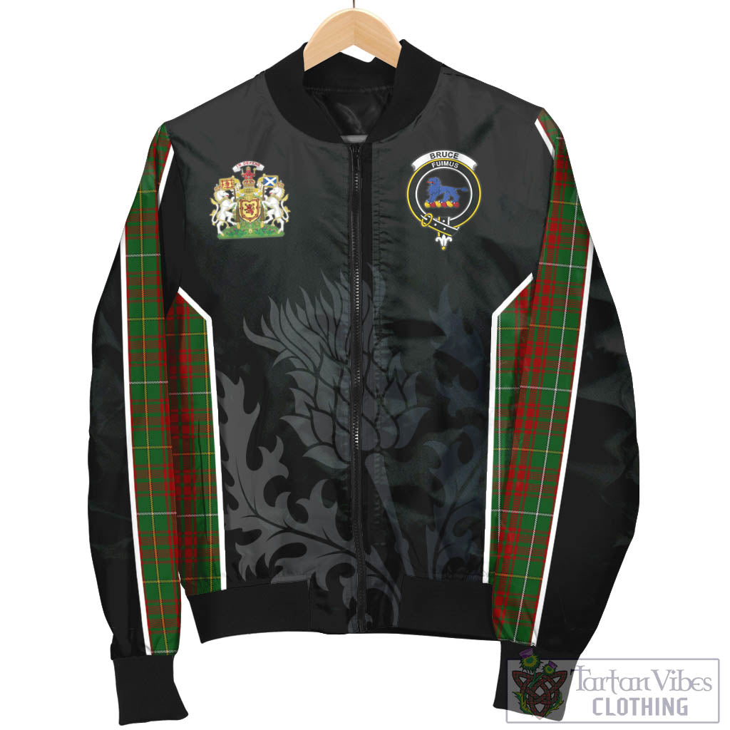 Tartan Vibes Clothing Bruce Hunting Tartan Bomber Jacket with Family Crest and Scottish Thistle Vibes Sport Style