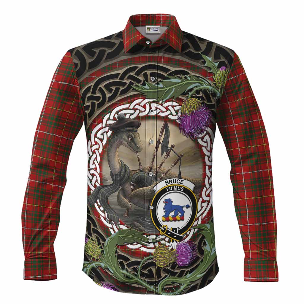 Bruce Tartan Crest Bagpipe Nessie Long Sleeve Button Shirts Scottish Loch Ness Monster Celtic Thistle