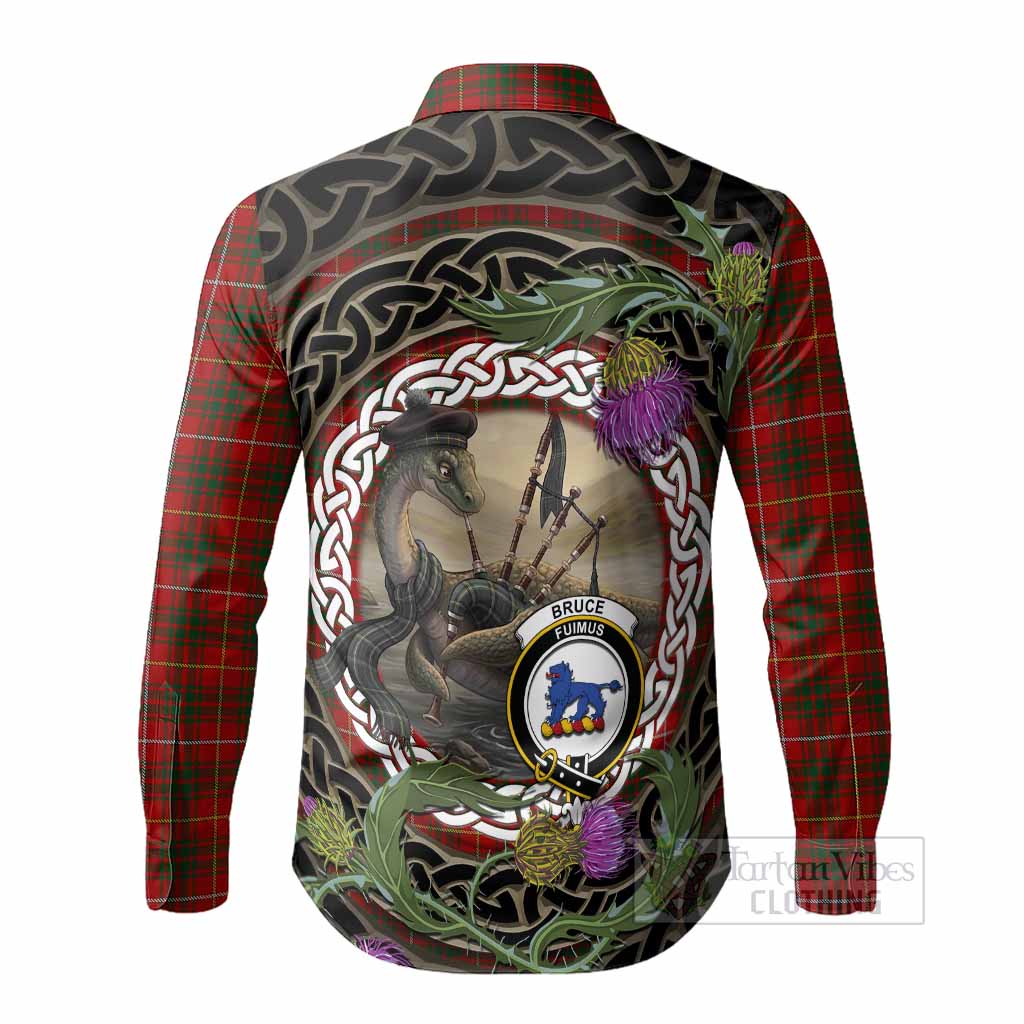 Bruce Tartan Crest Bagpipe Nessie Long Sleeve Button Shirts Scottish Loch Ness Monster Celtic Thistle