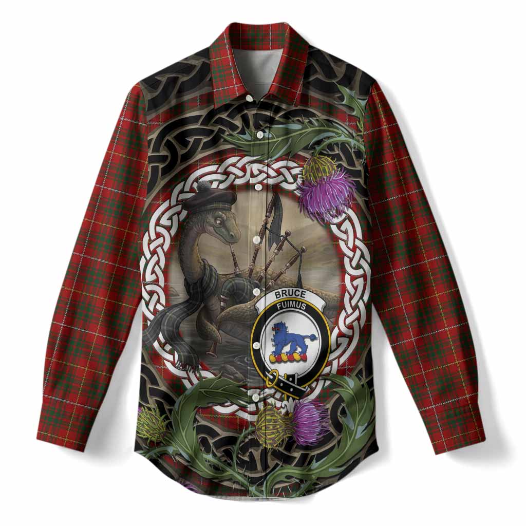 Bruce Tartan Crest Bagpipe Nessie Women Casual Shirt Scottish Loch Ness Monster Celtic Thistle