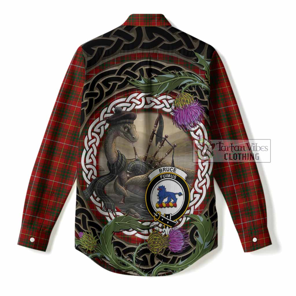 Bruce Tartan Crest Bagpipe Nessie Women Casual Shirt Scottish Loch Ness Monster Celtic Thistle