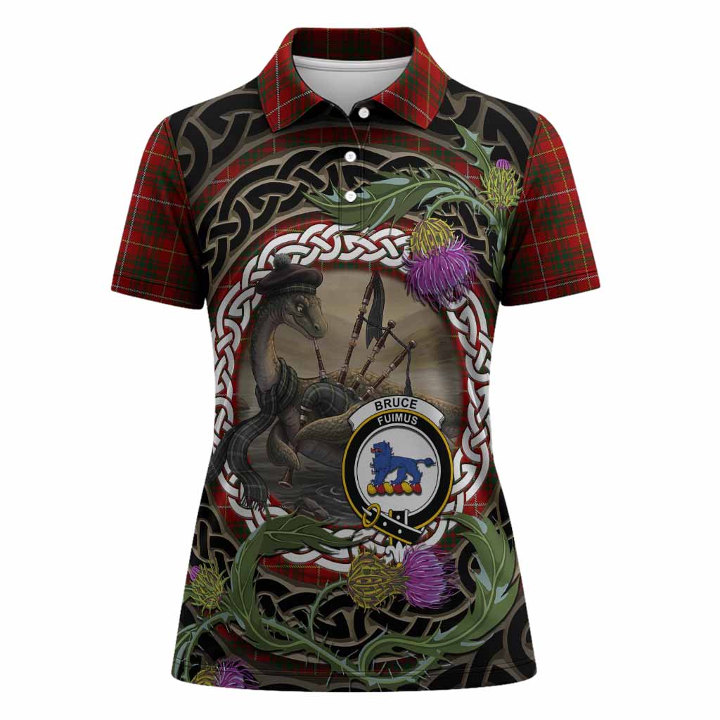 Bruce Tartan Crest Bagpipe Nessie Women Polo Shirt Scottish Loch Ness Monster Celtic Thistle