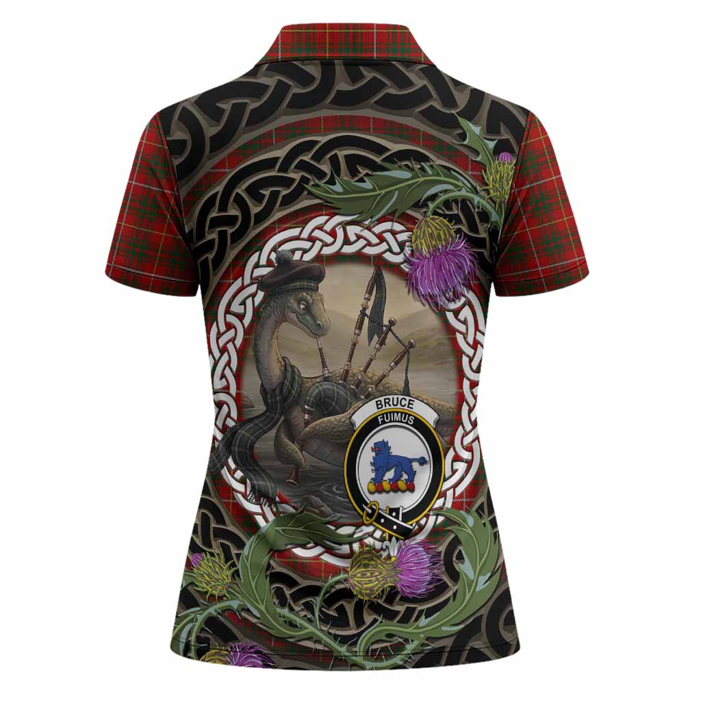 Bruce Tartan Crest Bagpipe Nessie Women Polo Shirt Scottish Loch Ness Monster Celtic Thistle