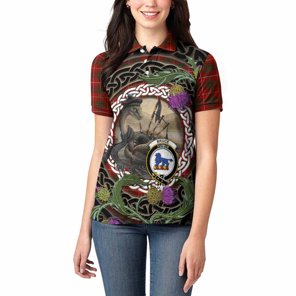 Bruce Tartan Crest Bagpipe Nessie Women Polo Shirt Scottish Loch Ness Monster Celtic Thistle