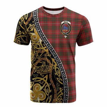 Bruce Tartan Crest Cotton T-shirt Celtic Knot and Triple Trickle Spiral Symbols