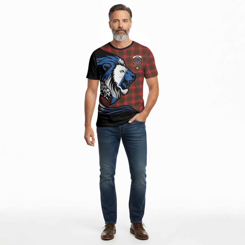 Bruce Tartan Crest Cotton T-shirt Scottish Golden Lions Wave Flow