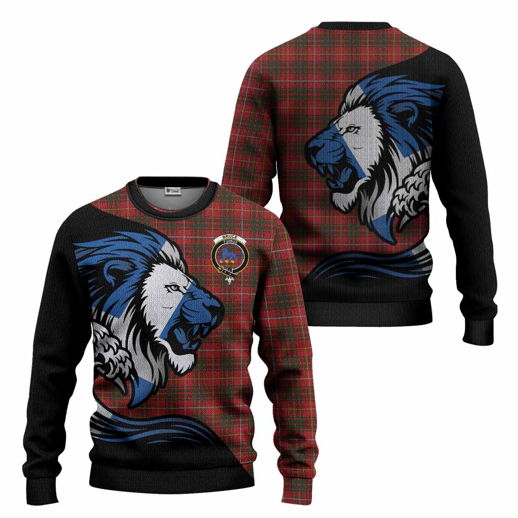 Bruce Tartan Crest Knitted Sweater Scottish Golden Lions Wave Flow