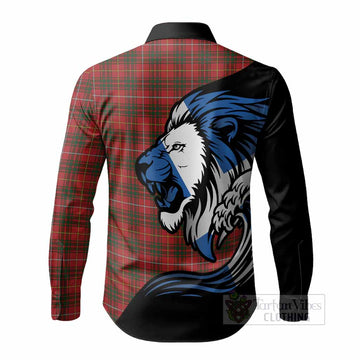 Bruce Tartan Crest Long Sleeve Button Shirts Scottish Golden Lions Wave Flow
