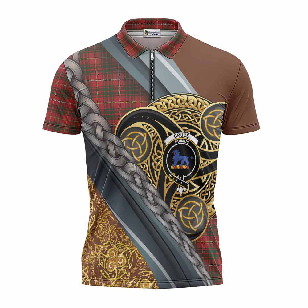 Bruce Tartan Crest Zipper Polo Shirt Scottish Triskele Celtic