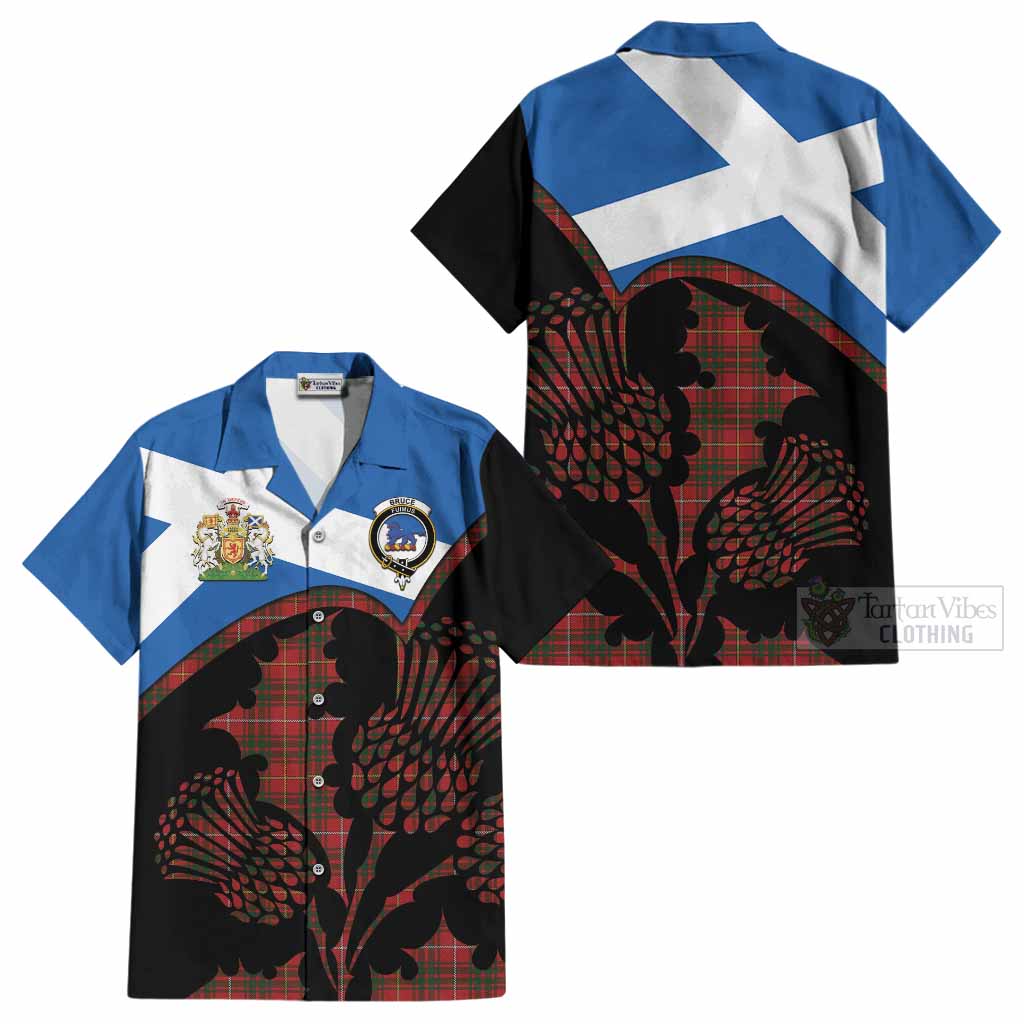 Bruce Tartan Family Crest Cotton Hawaiian Shirt Scotland Thistle Floral Flag Style