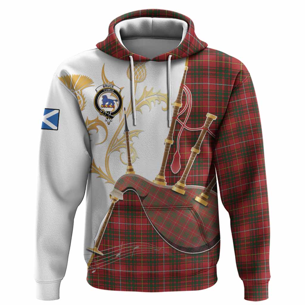 Bruce Tartan Family Crest Hoodie Bagpipes with Scottish Thistle