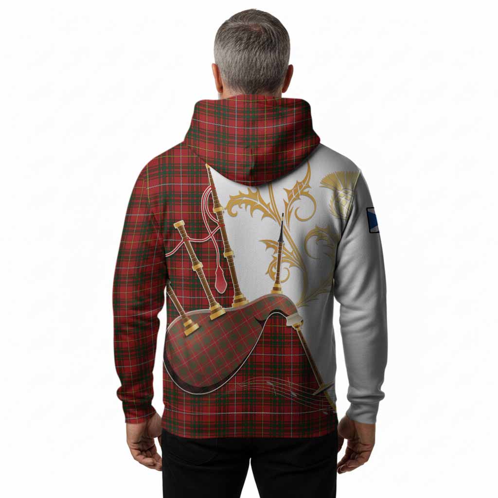 Bruce Tartan Family Crest Hoodie Bagpipes with Scottish Thistle