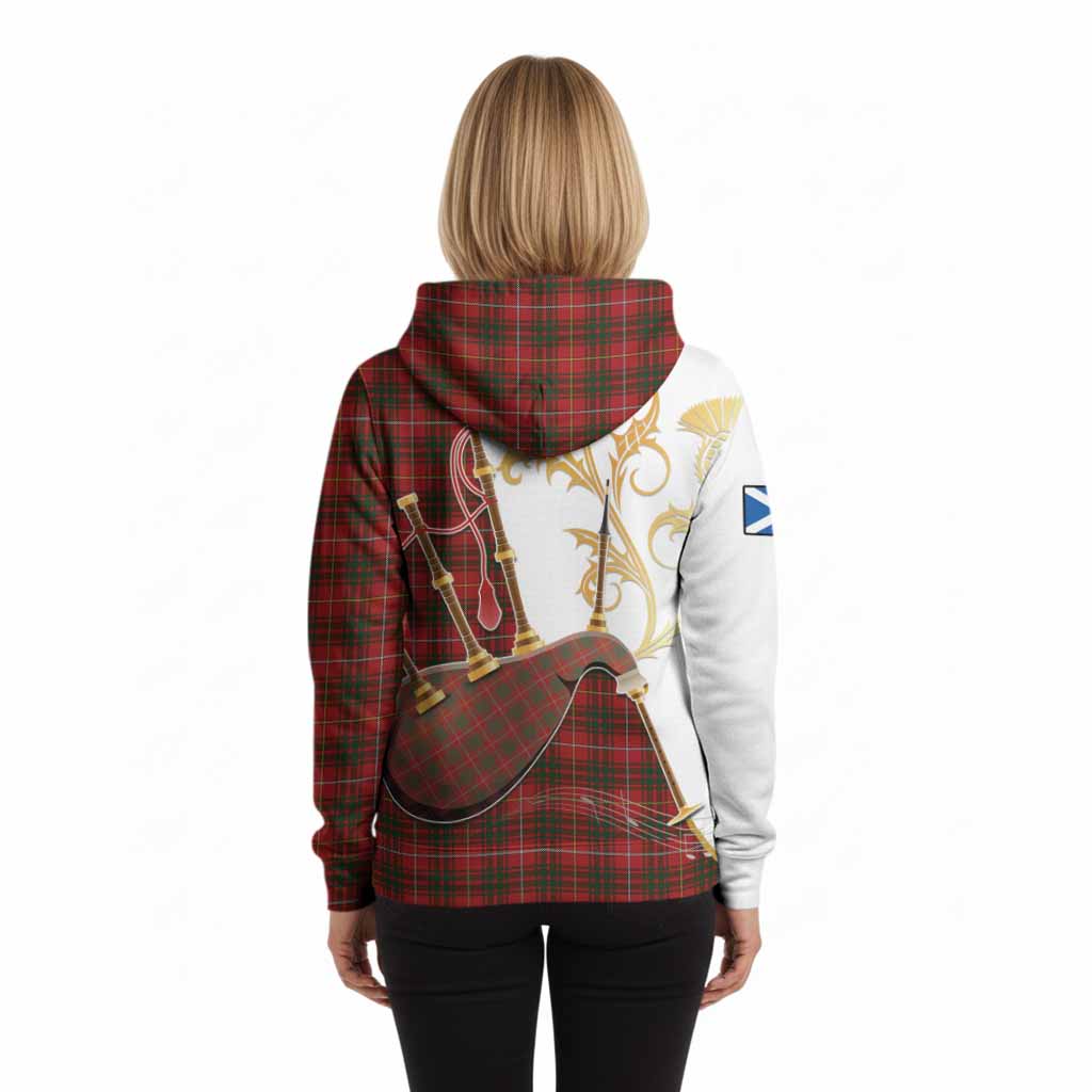 Bruce Tartan Family Crest Hoodie Bagpipes with Scottish Thistle