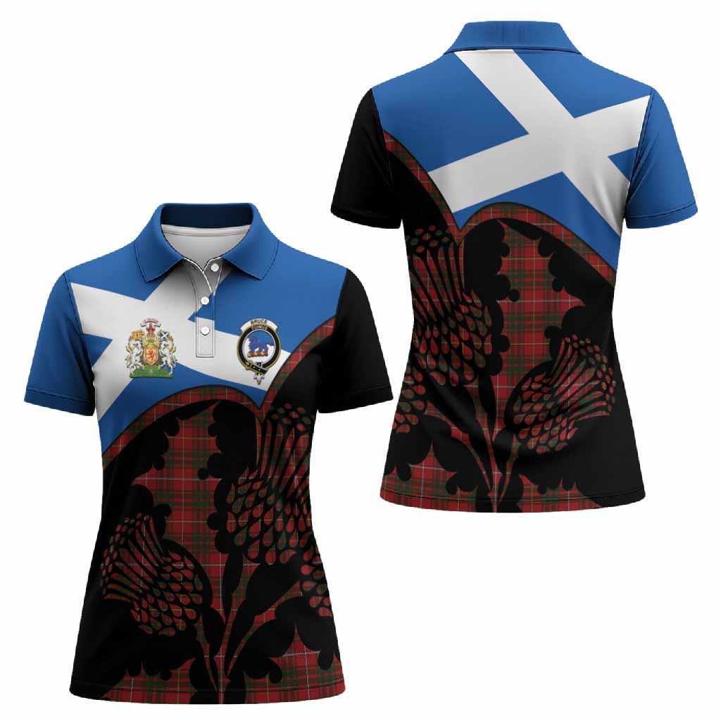 Bruce Tartan Family Crest Women Polo Shirt Scotland Thistle Floral Flag Style