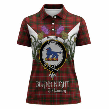 Bruce Tartan Family Crest Women Polo Shirt Scottish Burns Night Thistle Floral