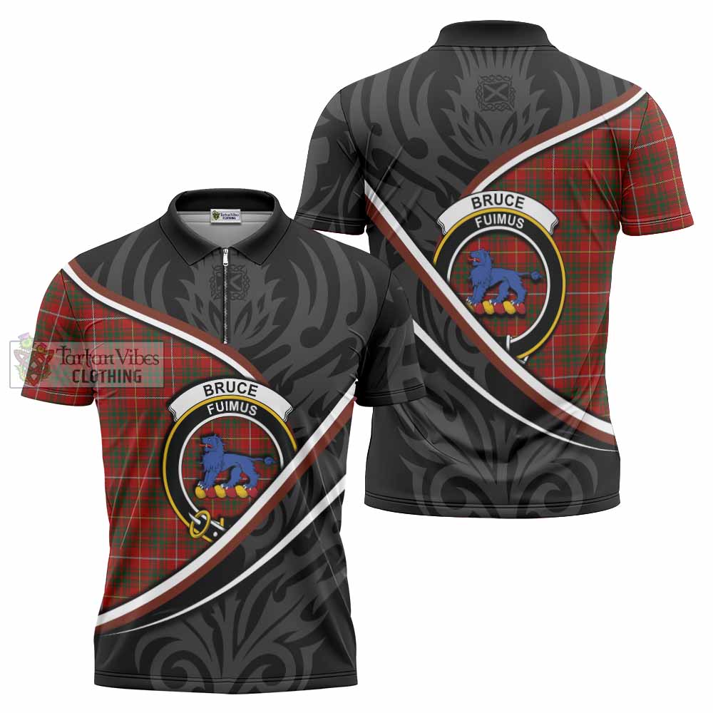 Bruce Tartan Family Crest Zipper Polo Shirt Celtic Scottish Thistle Floral - Tartan Vibes Clothing