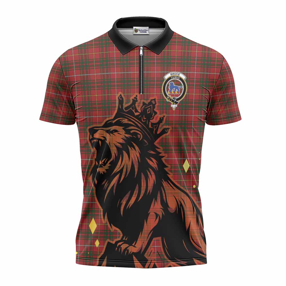 Bruce Tartan Family Crest Zipper Polo Shirt Crowned Lion Roaring