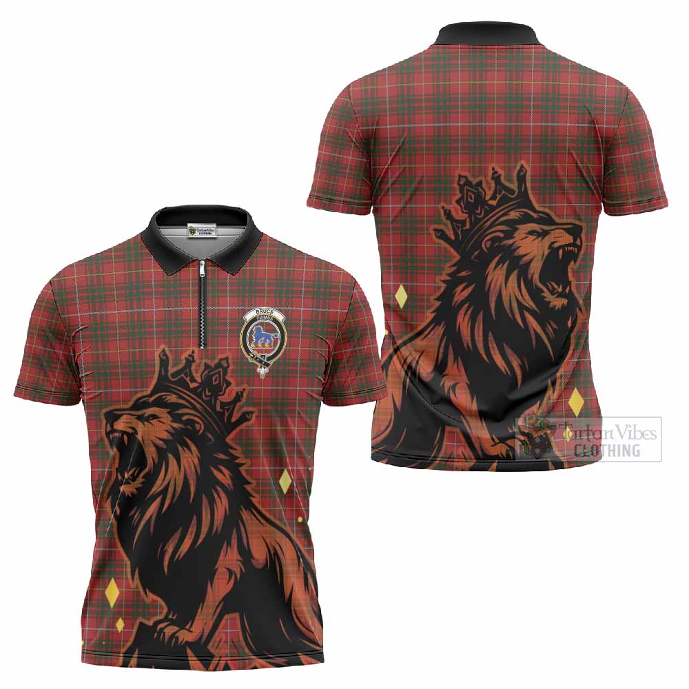 Bruce Tartan Family Crest Zipper Polo Shirt Crowned Lion Roaring
