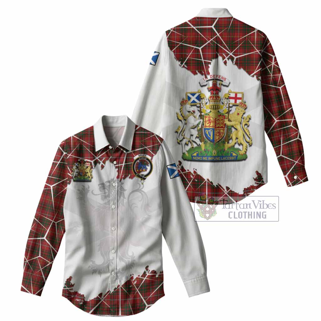 Bruce Tartan Women Casual Shirt with Family Crest and Lion Rampant Grunge Style
