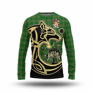 Bryne Irish Tartan Long Sleeve T-Shirt with Coat of Arms Celtic Wolf Style