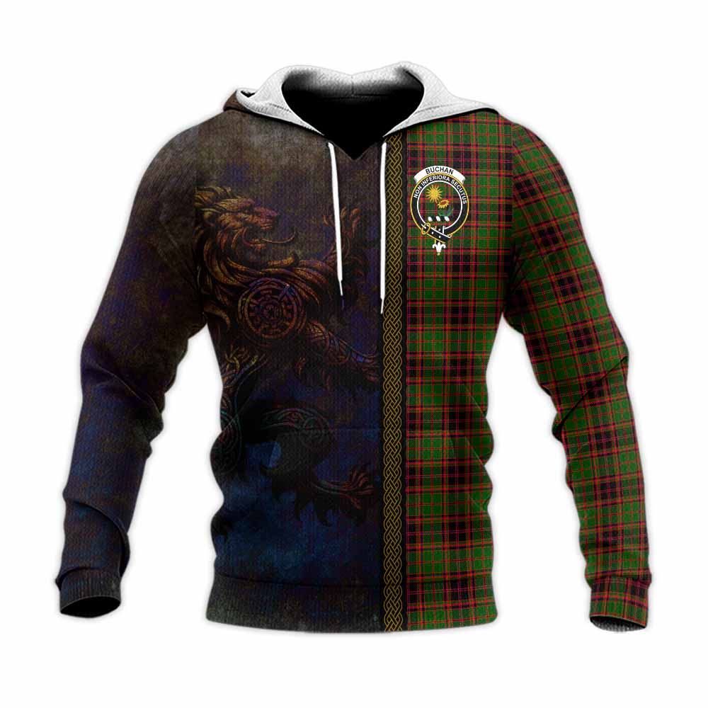 Tartan Vibes Clothing Buchan Tartan Family Crest Knitted Hoodie Alba Gu Brath Be Brave Lion Ancient Style