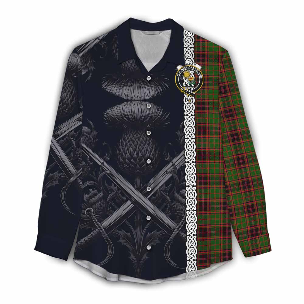 Tartan Vibes Clothing Buchan Tartan Women's Casual Shirt with Family Crest Cross Sword Thistle Celtic Vibes