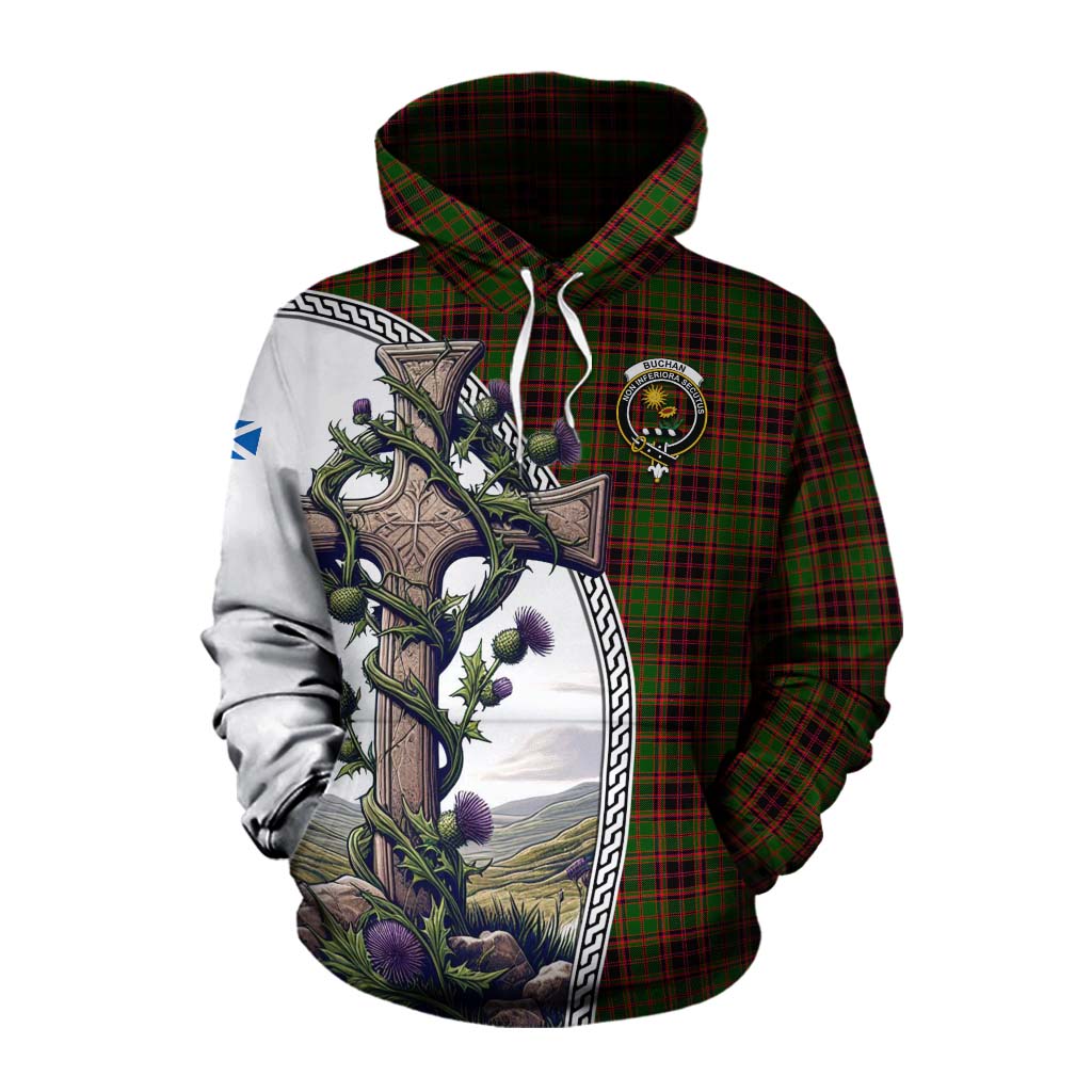 Tartan Vibes Clothing Buchan Tartan Cotton Hoodie with Family Crest and St. Andrew's Cross Accented by Thistle Vines