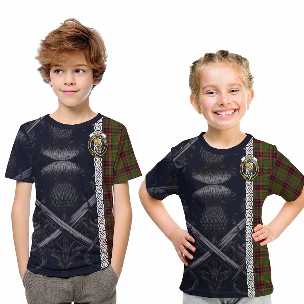 Tartan Vibes Clothing Buchan Tartan Kid T-Shirt with Family Crest Cross Sword Thistle Celtic Vibes