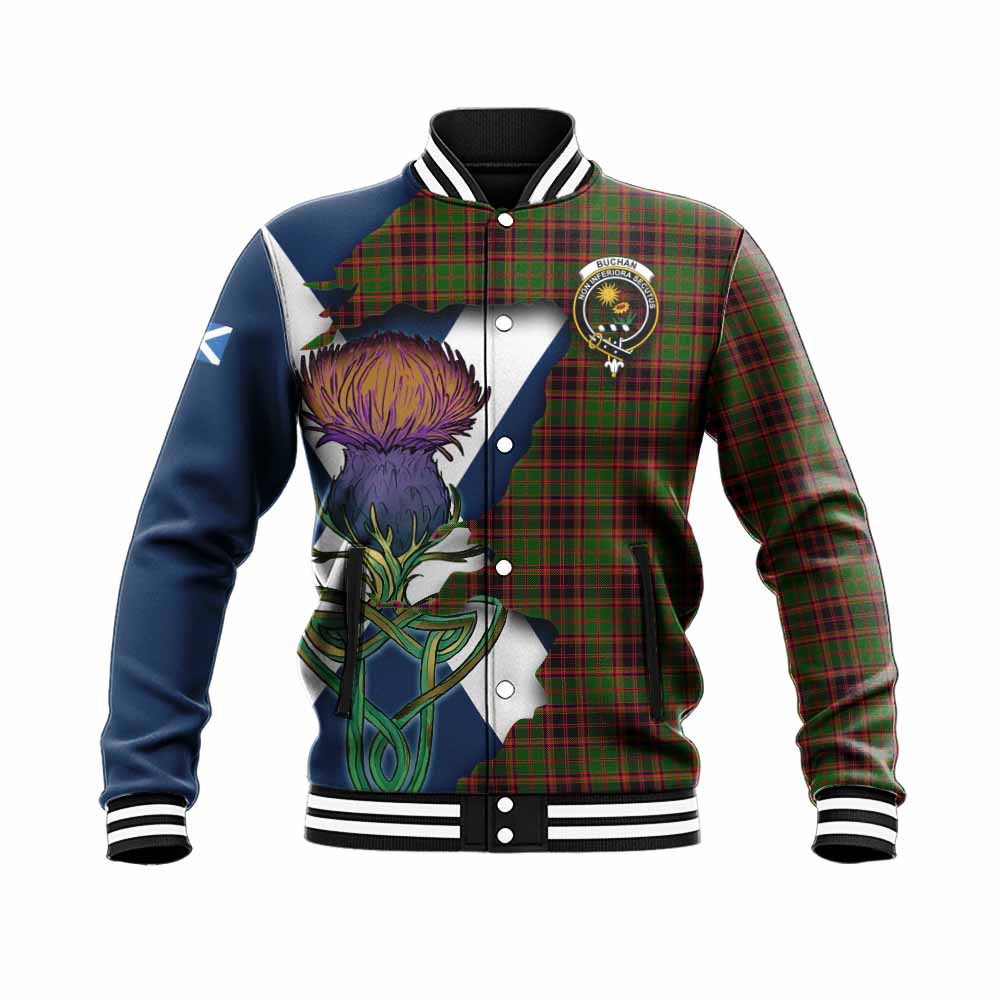 Tartan Vibes Clothing Buchan Tartan Family Crest Baseball Jacket Scottish Thistle Celtic Inspired