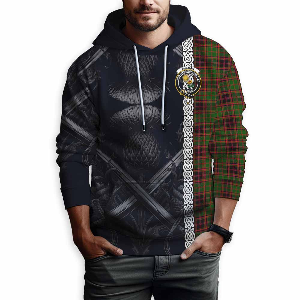 Tartan Vibes Clothing Buchan Tartan Hoodie with Family Crest Cross Sword Thistle Celtic Vibes