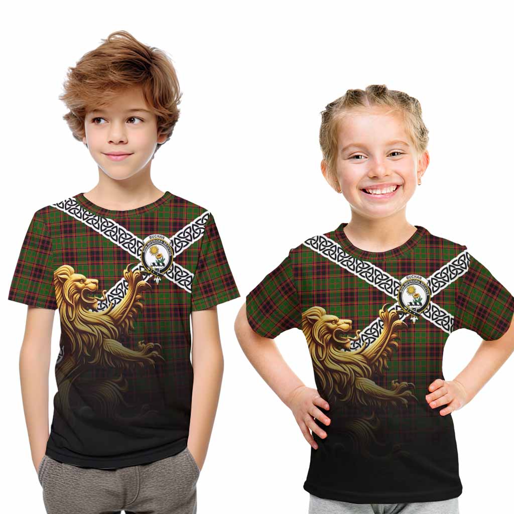 Tartan Vibes Clothing Buchan Crest Tartan Kid T-Shirt with Golden Lion Emblem Celtic Style