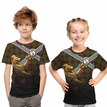 Tartan Vibes Clothing Buchan Crest Tartan Kid T-Shirt with Golden Lion Emblem Celtic Style