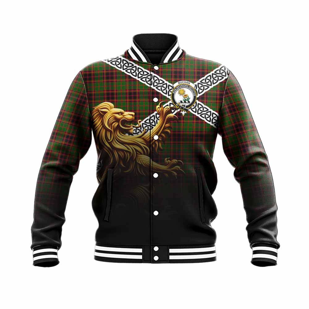 Tartan Vibes Clothing Buchan Crest Tartan Baseball Jacket with Golden Lion Emblem Celtic Style