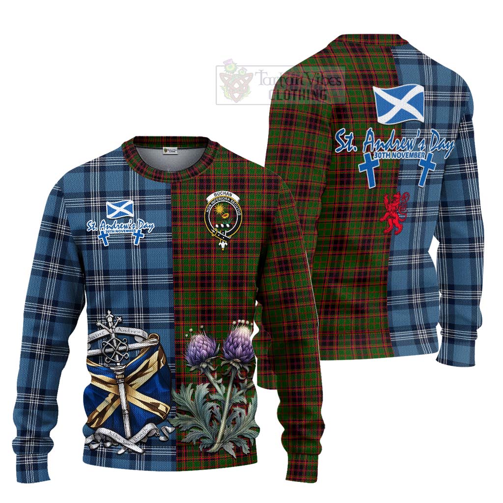Tartan Vibes Clothing Buchan Tartan Knitted Sweater Happy St. Andrew's Day Half Tartan Style