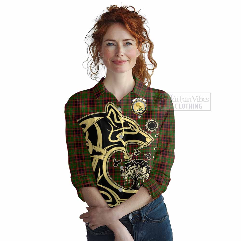 Tartan Vibes Clothing Buchan Tartan Women's Casual Shirt with Family Crest Celtic Wolf Style
