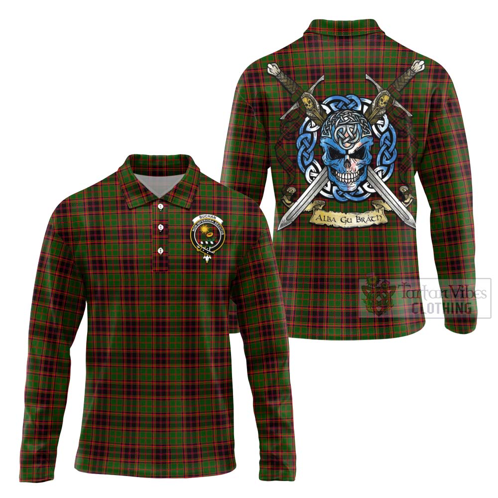Tartan Vibes Clothing Buchan Tartan Long Sleeve Polo Shirt with Family Crest Celtic Skull Style