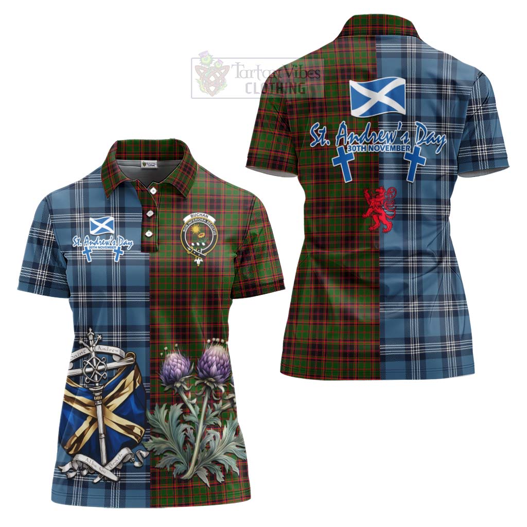 Tartan Vibes Clothing Buchan Tartan Women's Polo Shirt Happy St. Andrew's Day Half Tartan Style