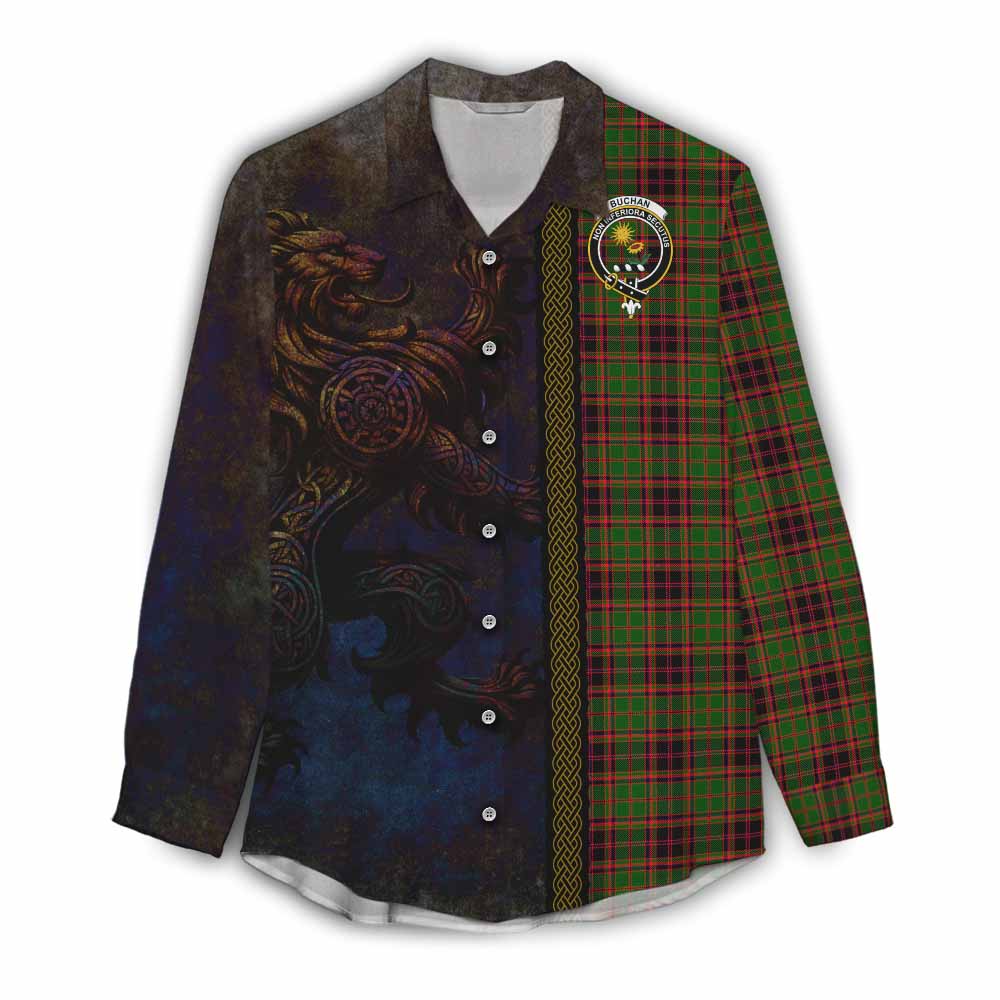 Tartan Vibes Clothing Buchan Tartan Family Crest Women's Casual Shirt Alba Gu Brath Be Brave Lion Ancient Style