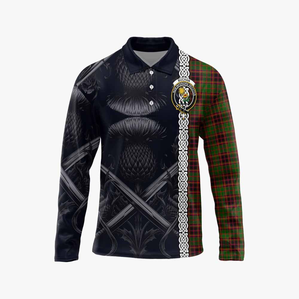 Tartan Vibes Clothing Buchan Tartan Long Sleeve Polo Shirt with Family Crest Cross Sword Thistle Celtic Vibes