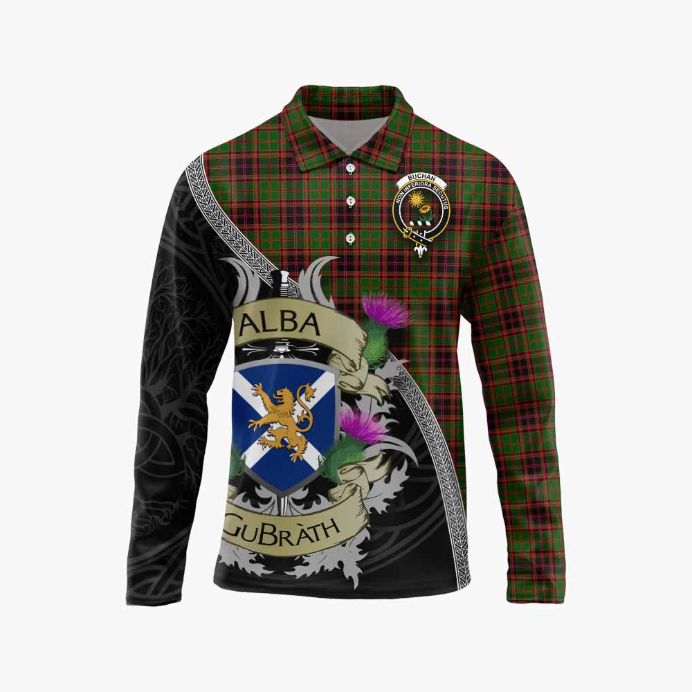 Tartan Vibes Clothing Buchan Tartan Family Crest Long Sleeve Polo Shirt Lion Rampant Royal Thistle Shield Celtic Inspired