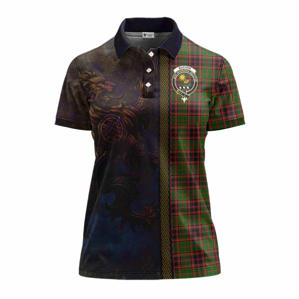 Tartan Vibes Clothing Buchan Tartan Family Crest Women's Polo Shirt Alba Gu Brath Be Brave Lion Ancient Style