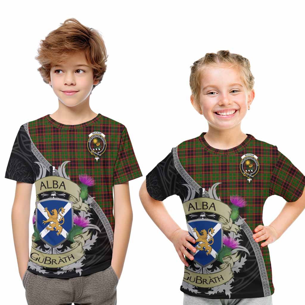 Tartan Vibes Clothing Buchan Tartan Family Crest Kid T-Shirt Lion Rampant Royal Thistle Shield Celtic Inspired