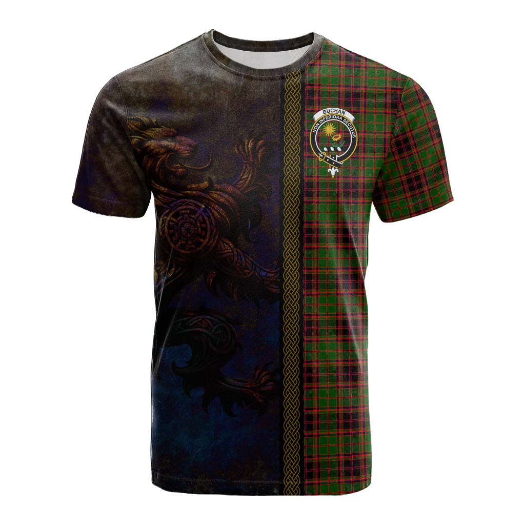 Tartan Vibes Clothing Buchan Tartan Family Crest Cotton T-shirt Alba Gu Brath Be Brave Lion Ancient Style