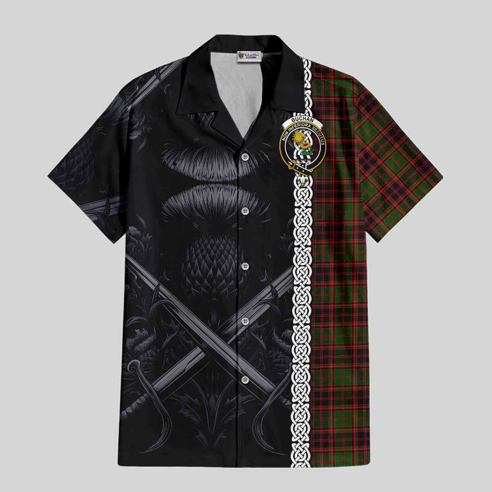 Tartan Vibes Clothing Buchan Tartan Short Sleeve Button Shirt with Family Crest Cross Sword Thistle Celtic Vibes