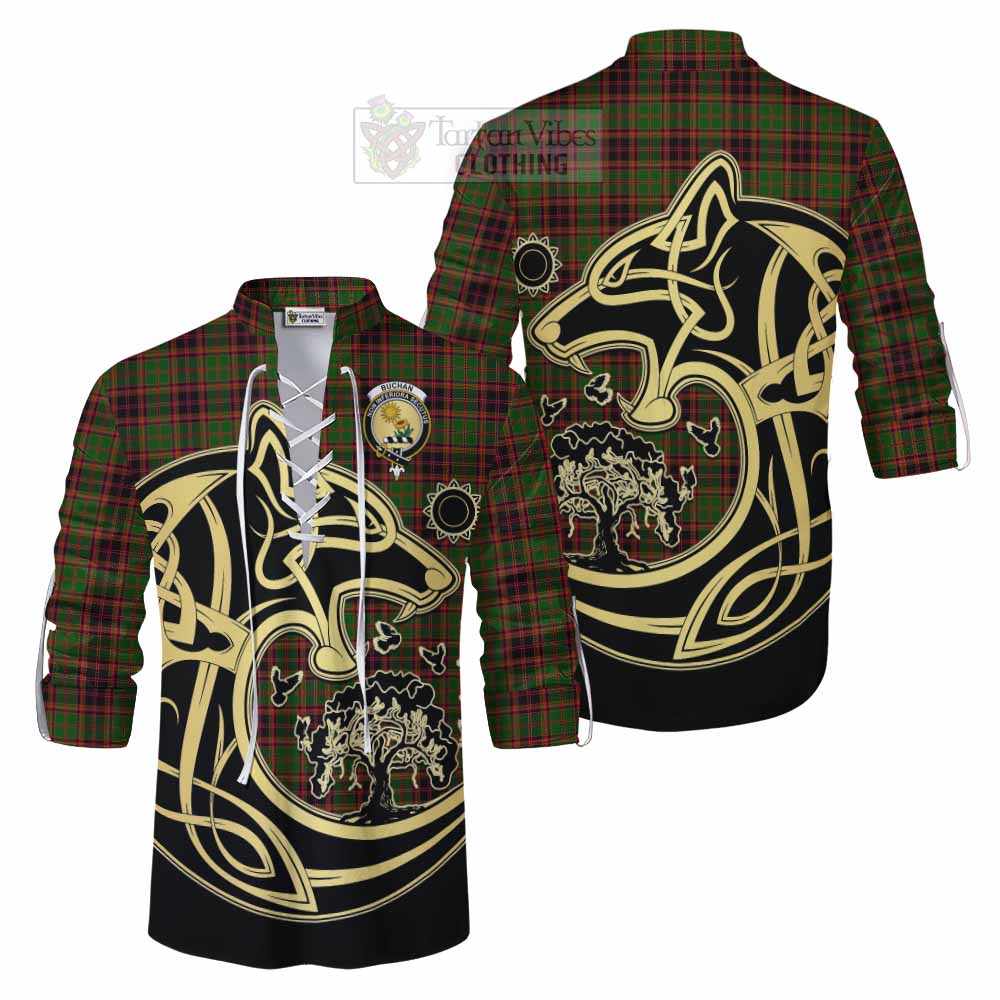 Tartan Vibes Clothing Buchan Tartan Ghillie Kilt Shirt with Family Crest Celtic Wolf Style